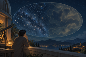 星空の地図を見比べる架空の人物。観測と推定の違いを考える独自AI生成イラストで、実際の観測画像ではありません。