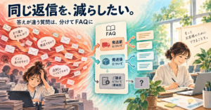同じ返信に追われる状態から、発送前・発送後と確認待ちを分けたFAQで仕事を整理するイメージ図。