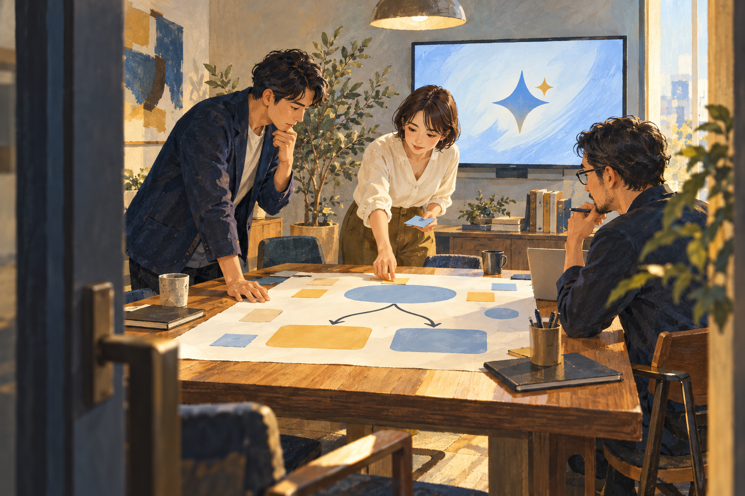 会議の参加者が二つの選択肢を図に整理するAI生成イラスト。架空の場面。